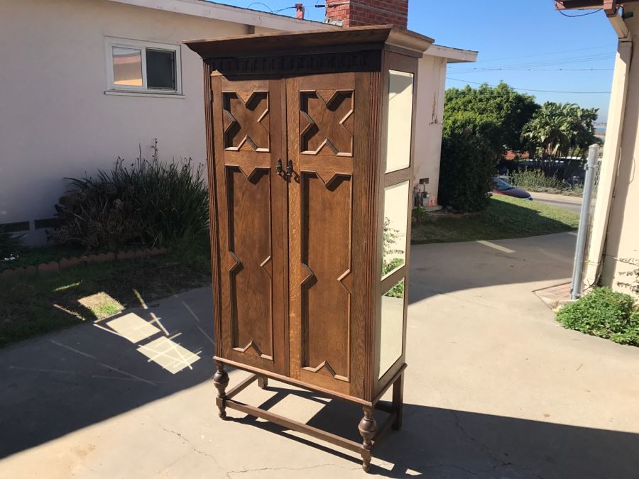 JUST ADDED - Antique Mission Style Oak Armoire With Clean Wooden Carvings And (6) Beveled Glass Side Mirrors And Bar For Hanging Clothes- See Photos [Photo 15]