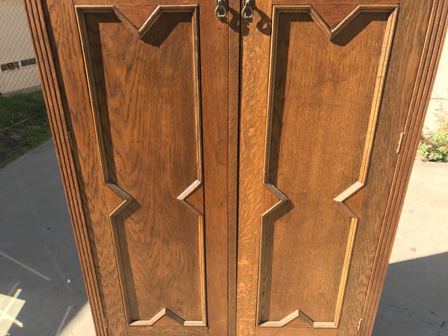 JUST ADDED - Antique Mission Style Oak Armoire With Clean Wooden Carvings And (6) Beveled Glass Side Mirrors And Bar For Hanging Clothes- See Photos [Photo 10]
