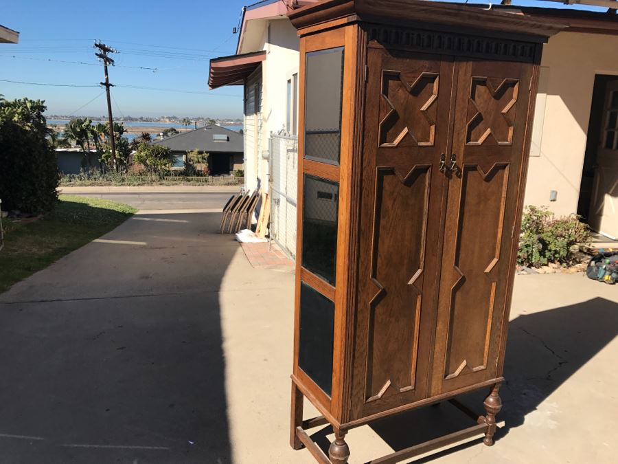 JUST ADDED - Antique Mission Style Oak Armoire With Clean Wooden Carvings And (6) Beveled Glass Side Mirrors And Bar For Hanging Clothes- See Photos [Photo 19]