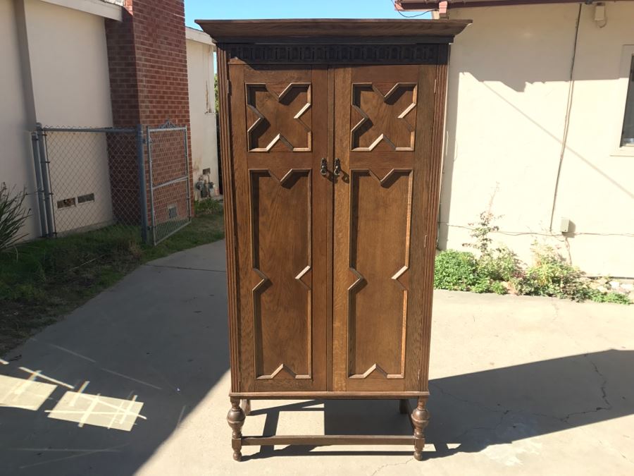 JUST ADDED - Antique Mission Style Oak Armoire With Clean Wooden Carvings And (6) Beveled Glass Side Mirrors And Bar For Hanging Clothes- See Photos [Photo 4]