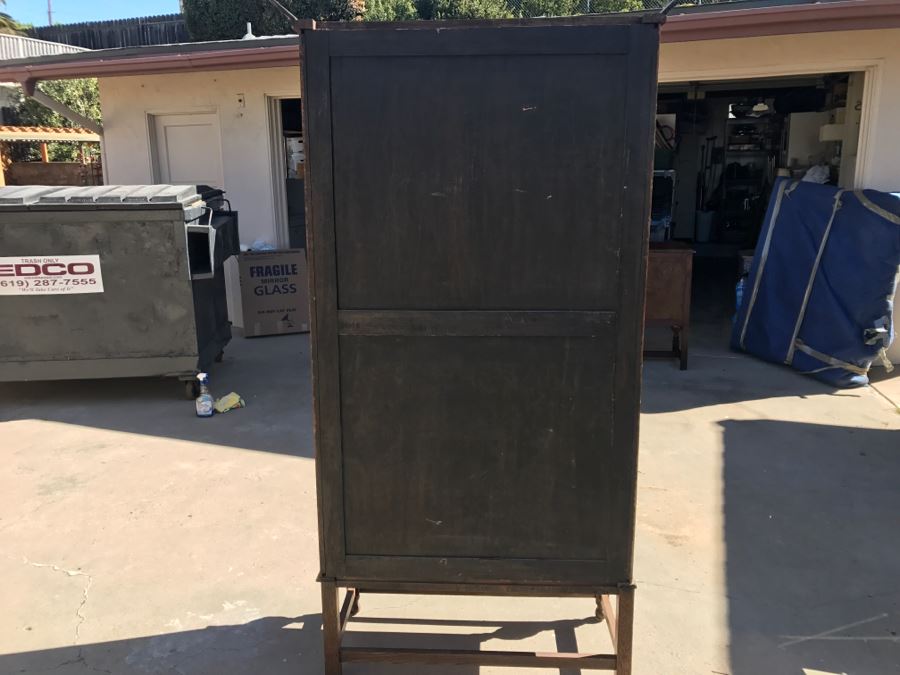 JUST ADDED - Antique Mission Style Oak Armoire With Clean Wooden Carvings And (6) Beveled Glass Side Mirrors And Bar For Hanging Clothes- See Photos [Photo 21]