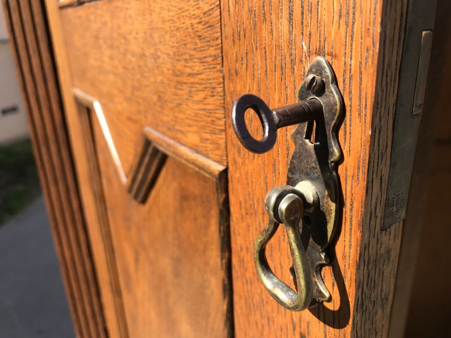 JUST ADDED - Antique Mission Style Oak Armoire With Clean Wooden Carvings And (6) Beveled Glass Side Mirrors And Bar For Hanging Clothes- See Photos [Photo 29]