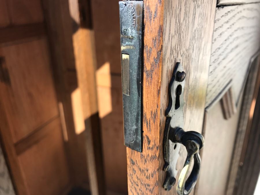 JUST ADDED - Antique Mission Style Oak Armoire With Clean Wooden Carvings And (6) Beveled Glass Side Mirrors And Bar For Hanging Clothes- See Photos [Photo 22]