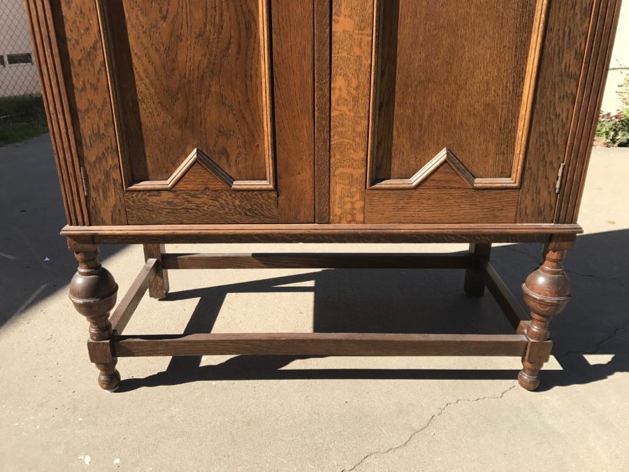 JUST ADDED - Antique Mission Style Oak Armoire With Clean Wooden Carvings And (6) Beveled Glass Side Mirrors And Bar For Hanging Clothes- See Photos [Photo 11]