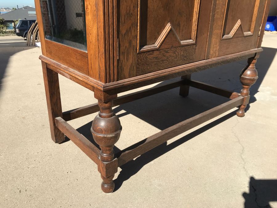 JUST ADDED - Antique Mission Style Oak Armoire With Clean Wooden Carvings And (6) Beveled Glass Side Mirrors And Bar For Hanging Clothes- See Photos [Photo 20]