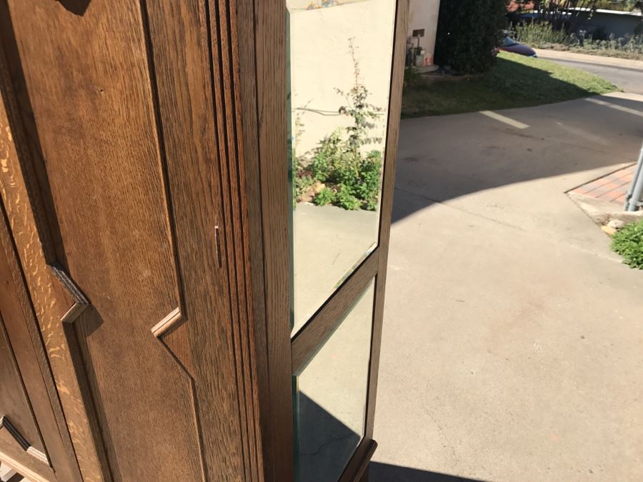 JUST ADDED - Antique Mission Style Oak Armoire With Clean Wooden Carvings And (6) Beveled Glass Side Mirrors And Bar For Hanging Clothes- See Photos [Photo 13]