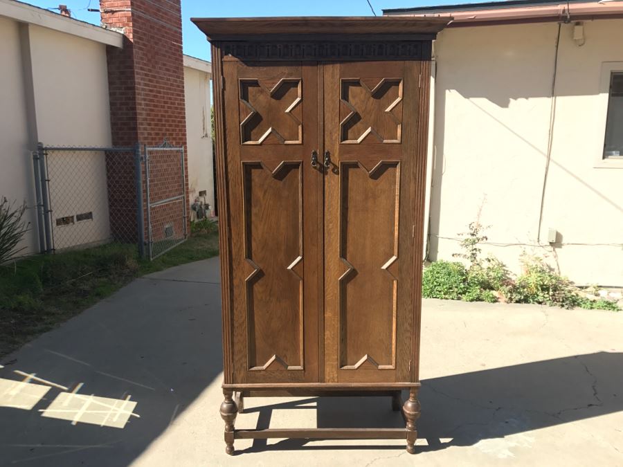JUST ADDED - Antique Mission Style Oak Armoire With Clean Wooden Carvings And (6) Beveled Glass Side Mirrors And Bar For Hanging Clothes- See Photos [Photo 6]