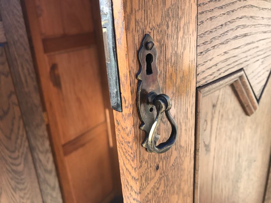 JUST ADDED - Antique Mission Style Oak Armoire With Clean Wooden Carvings And (6) Beveled Glass Side Mirrors And Bar For Hanging Clothes- See Photos [Photo 23]