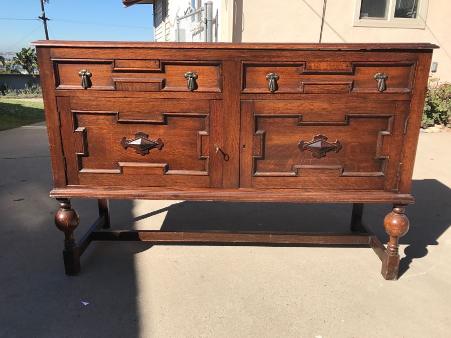 JUST ADDED - Stunning Antique Irish Buffet Credenza With Hutch - Client Used Without Hutch - Includes Custom Glass Cut To Fit W/O Hutch [Photo 2]