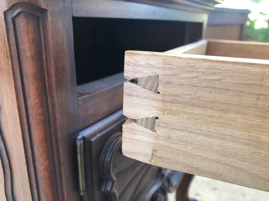 JUST ADDED - STUNNING Pair Of Antique 19th Century Piedmont Baroque Style Nightstands With Distinctive Carved Piedmont Designs And Black Marble Tops (Note One Marble Top Has Several Chips As Shown In Photos) [Photo 4]