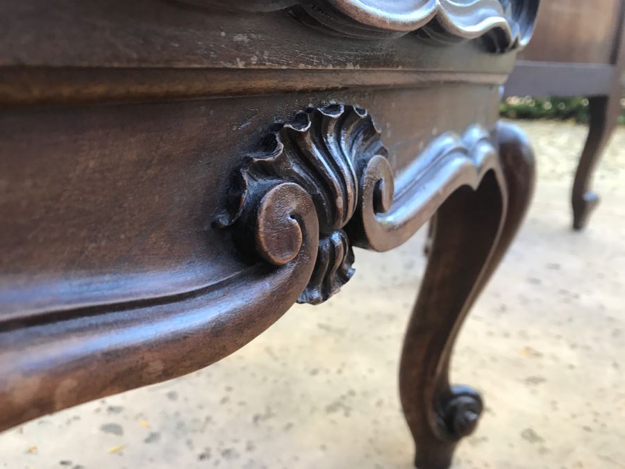 JUST ADDED - STUNNING Pair Of Antique 19th Century Piedmont Baroque Style Nightstands With Distinctive Carved Piedmont Designs And Black Marble Tops (Note One Marble Top Has Several Chips As Shown In Photos) [Photo 3]