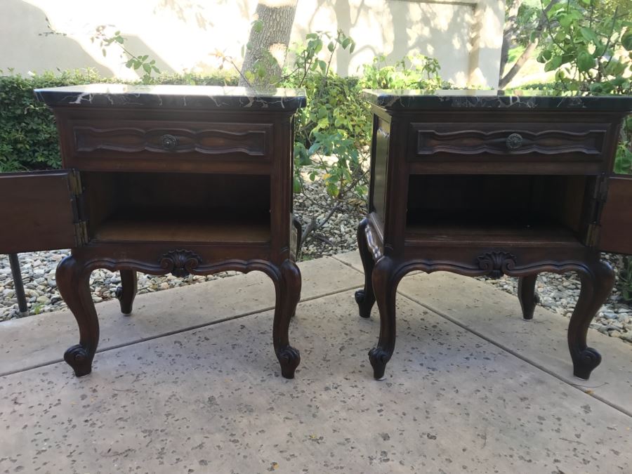 JUST ADDED - STUNNING Pair Of Antique 19th Century Piedmont Baroque Style Nightstands With Distinctive Carved Piedmont Designs And Black Marble Tops (Note One Marble Top Has Several Chips As Shown In Photos) [Photo 26]