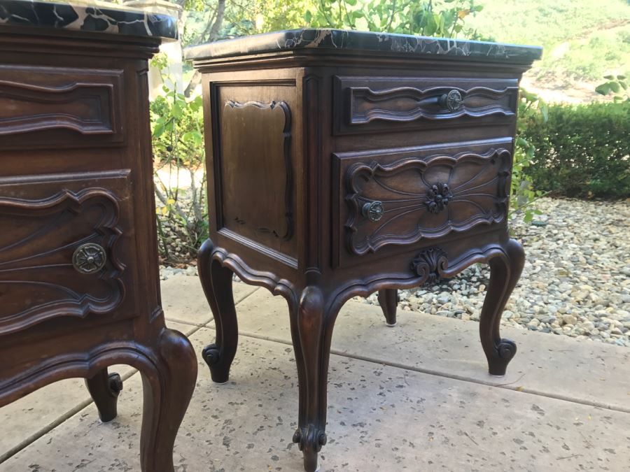 JUST ADDED - STUNNING Pair Of Antique 19th Century Piedmont Baroque Style Nightstands With Distinctive Carved Piedmont Designs And Black Marble Tops (Note One Marble Top Has Several Chips As Shown In Photos) [Photo 19]