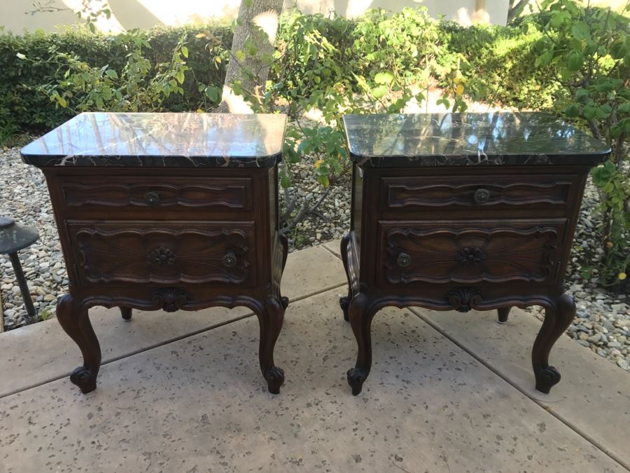 JUST ADDED - STUNNING Pair Of Antique 19th Century Piedmont Baroque Style Nightstands With Distinctive Carved Piedmont Designs And Black Marble Tops (Note One Marble Top Has Several Chips As Shown In Photos) [Photo 7]
