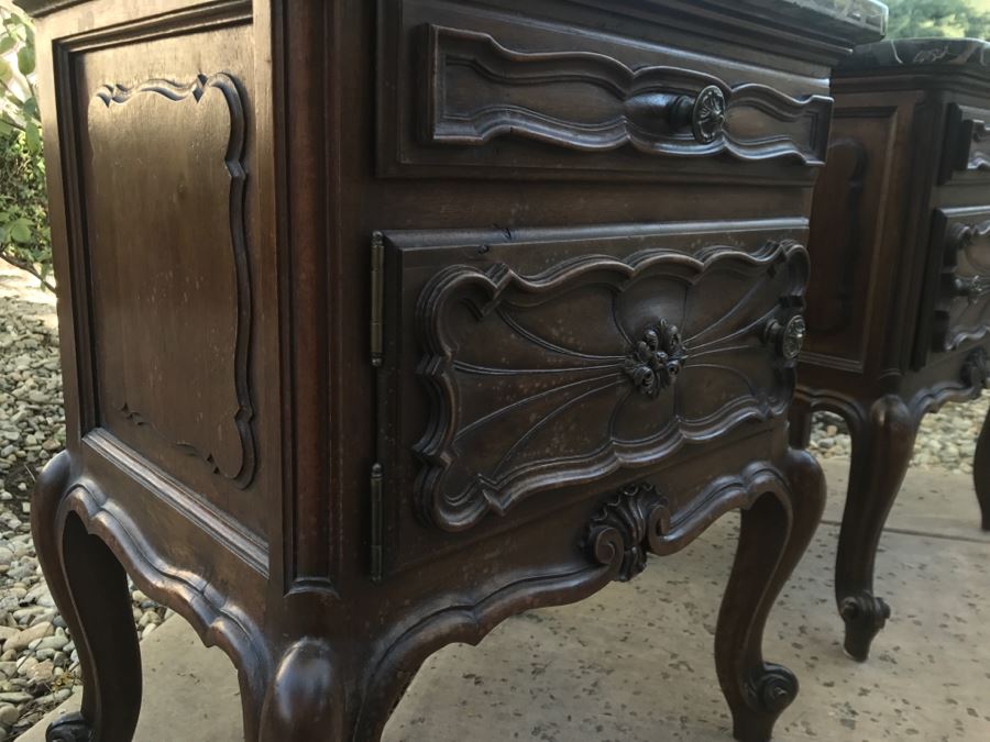 JUST ADDED - STUNNING Pair Of Antique 19th Century Piedmont Baroque Style Nightstands With Distinctive Carved Piedmont Designs And Black Marble Tops (Note One Marble Top Has Several Chips As Shown In Photos) [Photo 21]
