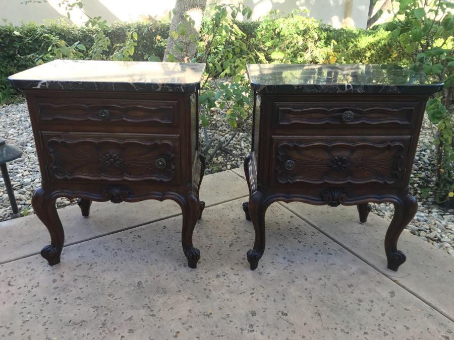 JUST ADDED - STUNNING Pair Of Antique 19th Century Piedmont Baroque Style Nightstands With Distinctive Carved Piedmont Designs And Black Marble Tops (Note One Marble Top Has Several Chips As Shown In Photos) [Photo 6]