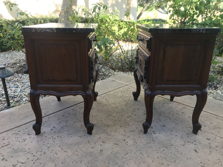 JUST ADDED - STUNNING Pair Of Antique 19th Century Piedmont Baroque Style Nightstands With Distinctive Carved Piedmont Designs And Black Marble Tops (Note One Marble Top Has Several Chips As Shown In Photos) [Photo 28]