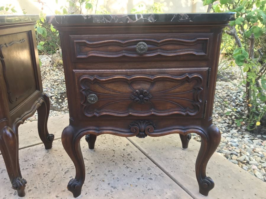 JUST ADDED - STUNNING Pair Of Antique 19th Century Piedmont Baroque Style Nightstands With Distinctive Carved Piedmont Designs And Black Marble Tops (Note One Marble Top Has Several Chips As Shown In Photos) [Photo 9]