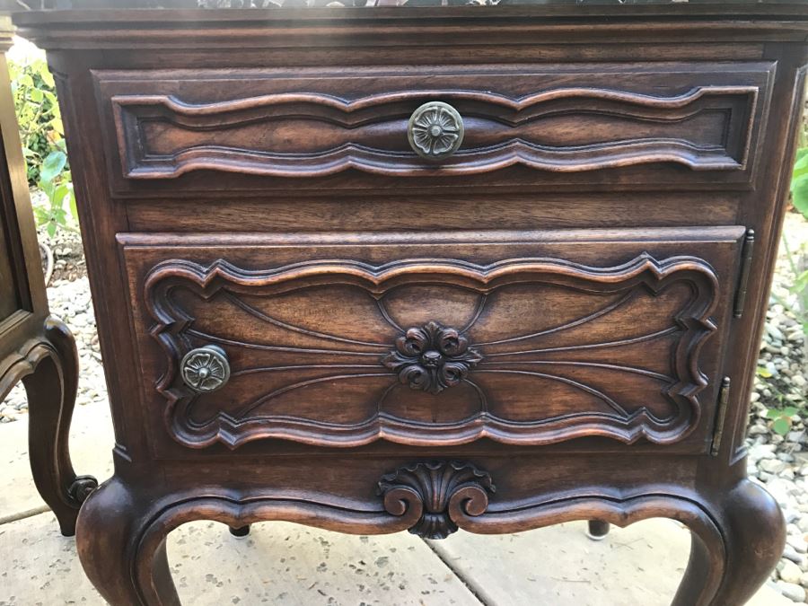 JUST ADDED - STUNNING Pair Of Antique 19th Century Piedmont Baroque Style Nightstands With Distinctive Carved Piedmont Designs And Black Marble Tops (Note One Marble Top Has Several Chips As Shown In Photos) [Photo 5]