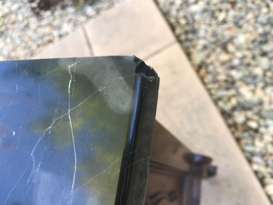 JUST ADDED - STUNNING Pair Of Antique 19th Century Piedmont Baroque Style Nightstands With Distinctive Carved Piedmont Designs And Black Marble Tops (Note One Marble Top Has Several Chips As Shown In Photos) [Photo 15]