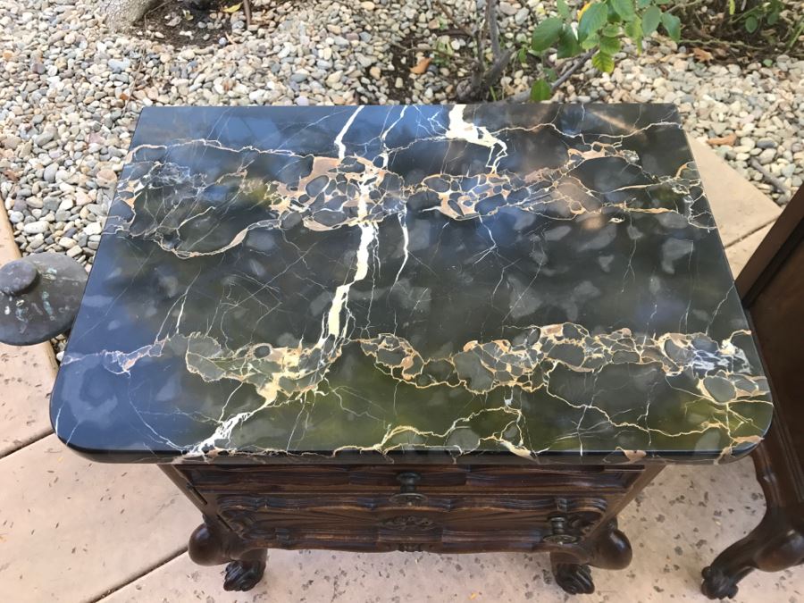 JUST ADDED - STUNNING Pair Of Antique 19th Century Piedmont Baroque Style Nightstands With Distinctive Carved Piedmont Designs And Black Marble Tops (Note One Marble Top Has Several Chips As Shown In Photos) [Photo 11]