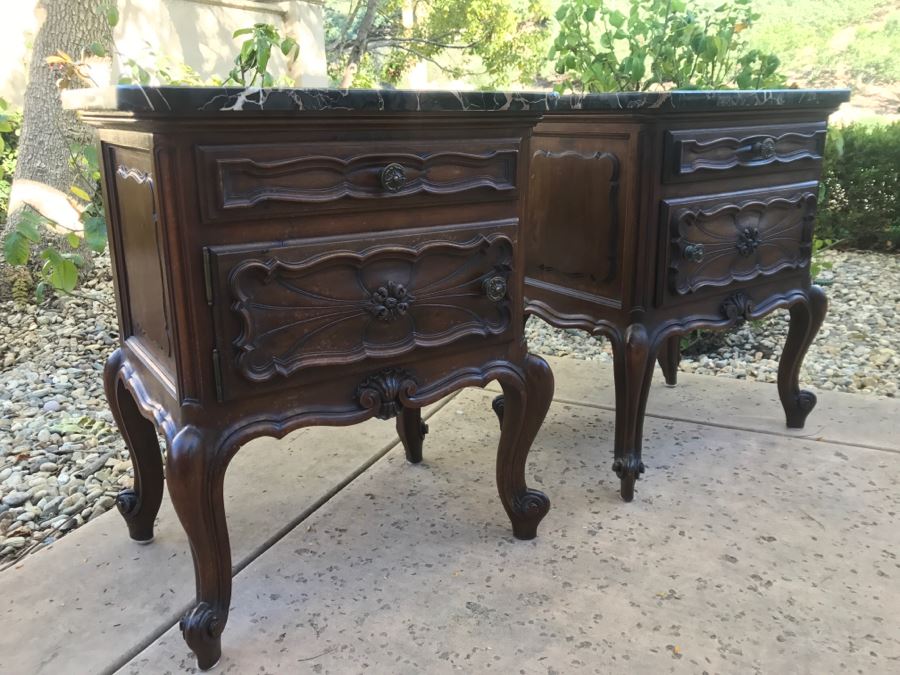 JUST ADDED - STUNNING Pair Of Antique 19th Century Piedmont Baroque Style Nightstands With Distinctive Carved Piedmont Designs And Black Marble Tops (Note One Marble Top Has Several Chips As Shown In Photos) [Photo 17]