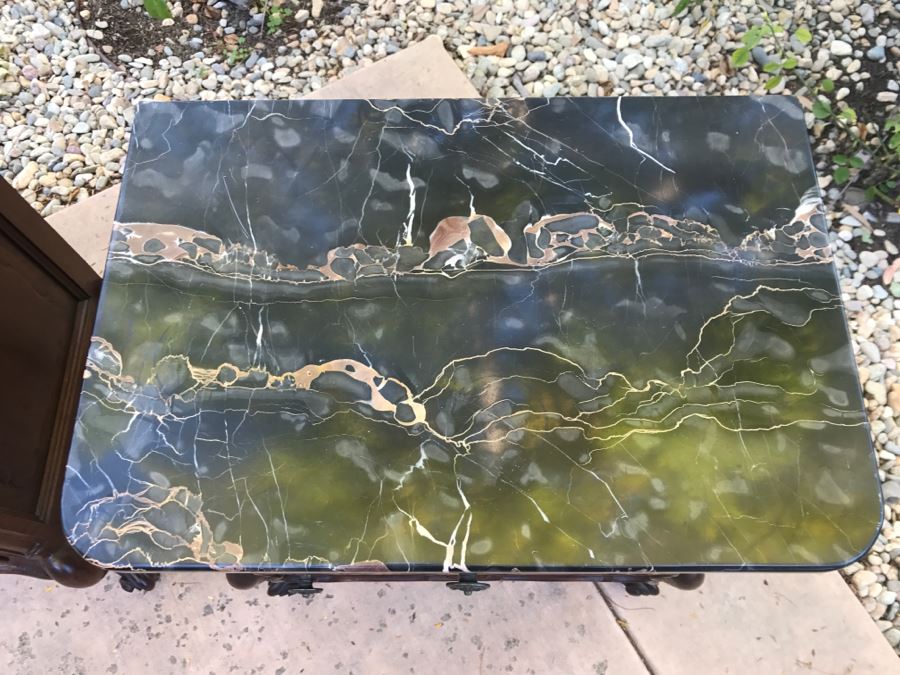 JUST ADDED - STUNNING Pair Of Antique 19th Century Piedmont Baroque Style Nightstands With Distinctive Carved Piedmont Designs And Black Marble Tops (Note One Marble Top Has Several Chips As Shown In Photos) [Photo 10]