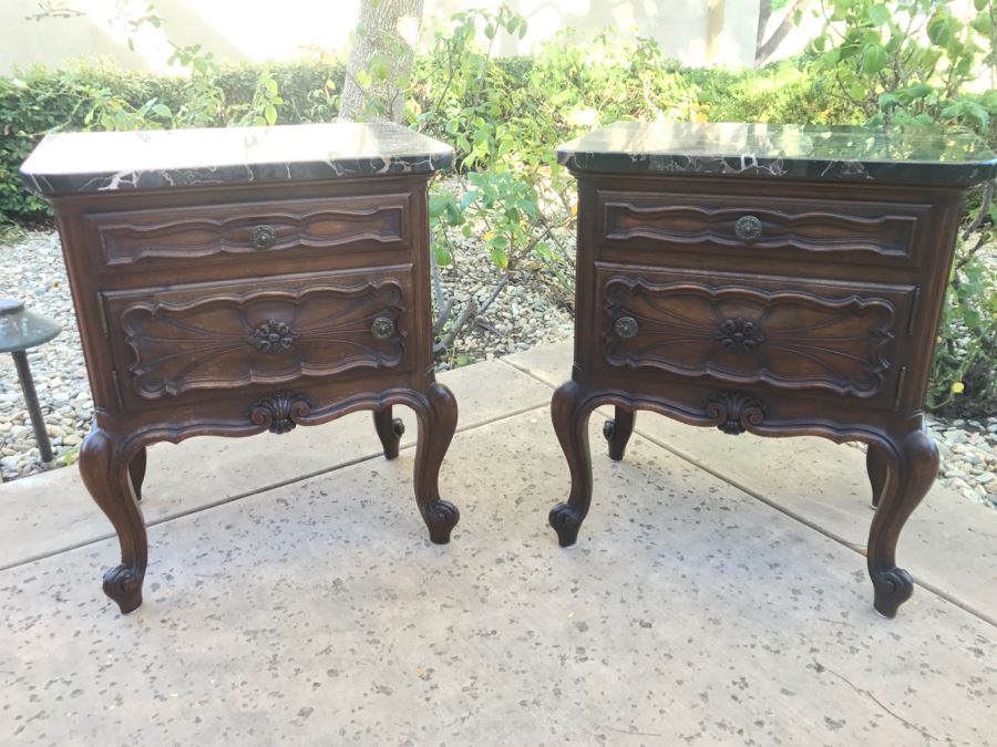 JUST ADDED - STUNNING Pair Of Antique 19th Century Piedmont Baroque Style Nightstands With Distinctive Carved Piedmont Designs And Black Marble Tops (Note One Marble Top Has Several Chips As Shown In Photos) [Photo 27]