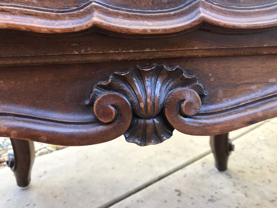 JUST ADDED - STUNNING Pair Of Antique 19th Century Piedmont Baroque Style Nightstands With Distinctive Carved Piedmont Designs And Black Marble Tops (Note One Marble Top Has Several Chips As Shown In Photos) [Photo 23]