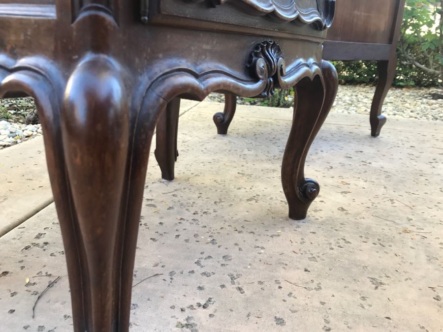 JUST ADDED - STUNNING Pair Of Antique 19th Century Piedmont Baroque Style Nightstands With Distinctive Carved Piedmont Designs And Black Marble Tops (Note One Marble Top Has Several Chips As Shown In Photos) [Photo 38]