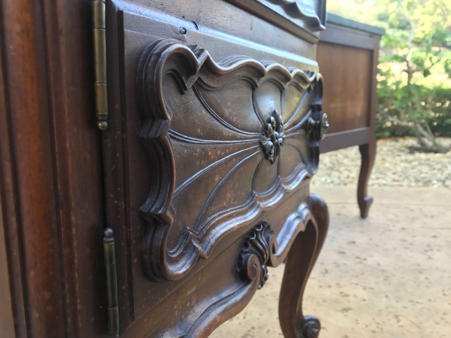 JUST ADDED - STUNNING Pair Of Antique 19th Century Piedmont Baroque Style Nightstands With Distinctive Carved Piedmont Designs And Black Marble Tops (Note One Marble Top Has Several Chips As Shown In Photos) [Photo 36]