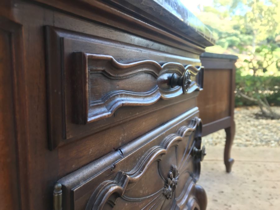 JUST ADDED - STUNNING Pair Of Antique 19th Century Piedmont Baroque Style Nightstands With Distinctive Carved Piedmont Designs And Black Marble Tops (Note One Marble Top Has Several Chips As Shown In Photos) [Photo 37]