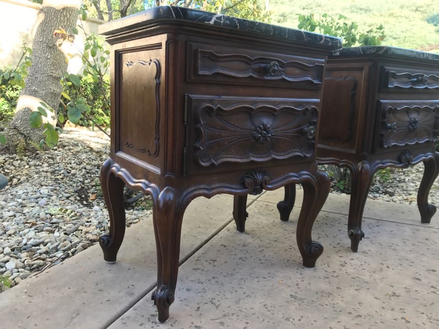 JUST ADDED - STUNNING Pair Of Antique 19th Century Piedmont Baroque Style Nightstands With Distinctive Carved Piedmont Designs And Black Marble Tops (Note One Marble Top Has Several Chips As Shown In Photos) [Photo 18]