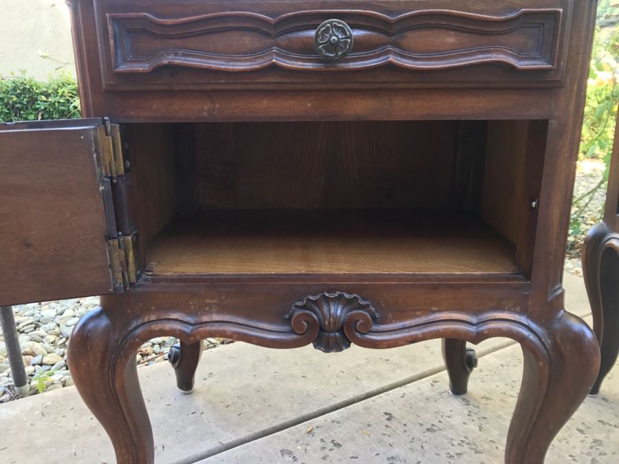 JUST ADDED - STUNNING Pair Of Antique 19th Century Piedmont Baroque Style Nightstands With Distinctive Carved Piedmont Designs And Black Marble Tops (Note One Marble Top Has Several Chips As Shown In Photos) [Photo 25]
