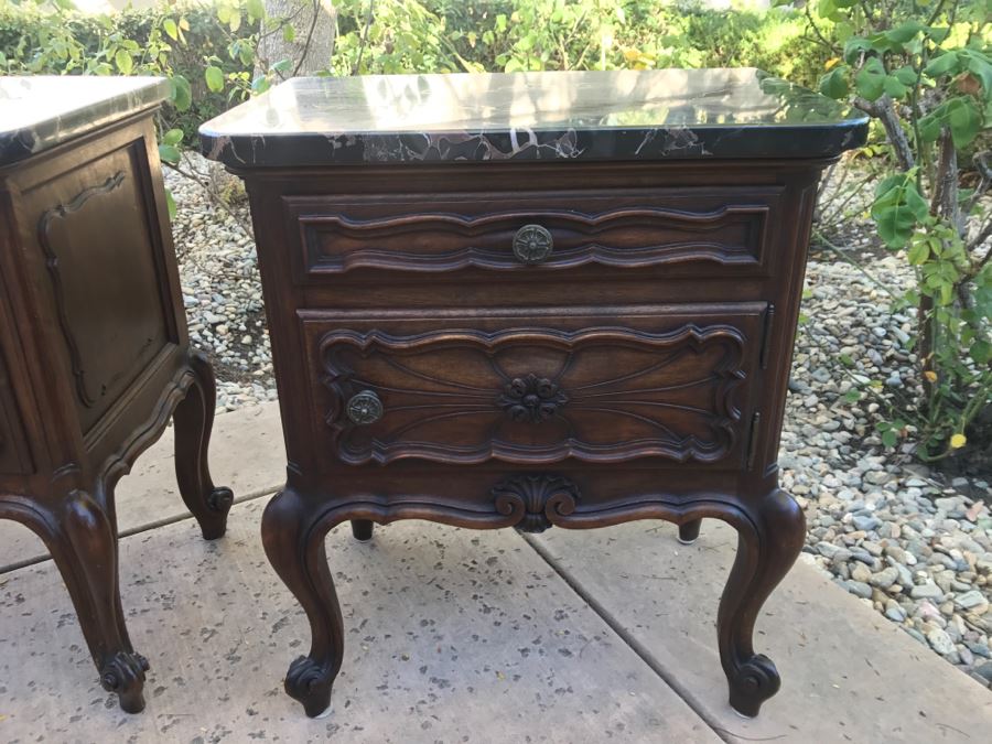 JUST ADDED - STUNNING Pair Of Antique 19th Century Piedmont Baroque Style Nightstands With Distinctive Carved Piedmont Designs And Black Marble Tops (Note One Marble Top Has Several Chips As Shown In Photos) [Photo 8]