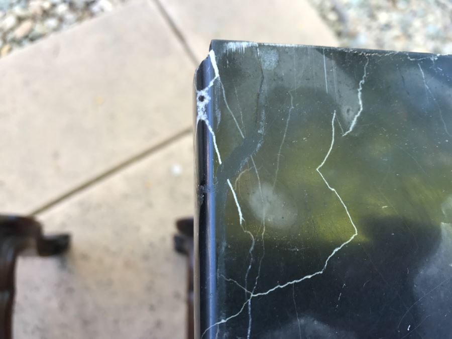 JUST ADDED - STUNNING Pair Of Antique 19th Century Piedmont Baroque Style Nightstands With Distinctive Carved Piedmont Designs And Black Marble Tops (Note One Marble Top Has Several Chips As Shown In Photos) [Photo 14]