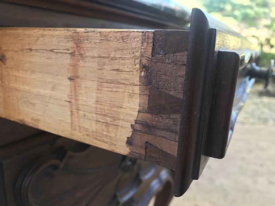 JUST ADDED - STUNNING Pair Of Antique 19th Century Piedmont Baroque Style Nightstands With Distinctive Carved Piedmont Designs And Black Marble Tops (Note One Marble Top Has Several Chips As Shown In Photos) [Photo 32]