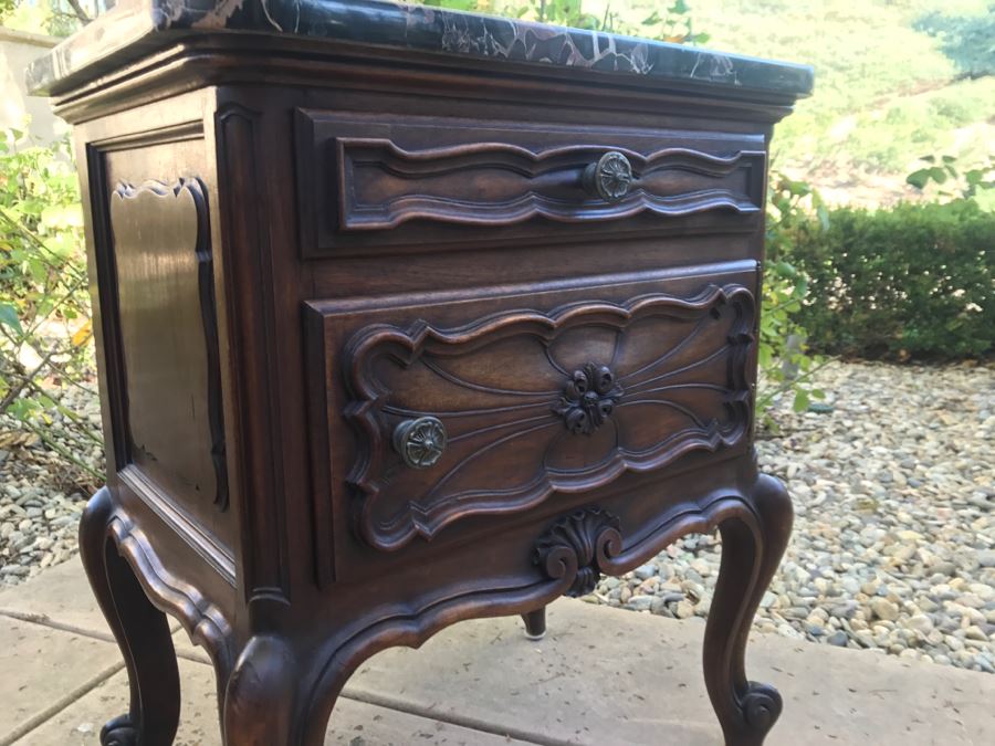 JUST ADDED - STUNNING Pair Of Antique 19th Century Piedmont Baroque Style Nightstands With Distinctive Carved Piedmont Designs And Black Marble Tops (Note One Marble Top Has Several Chips As Shown In Photos) [Photo 20]
