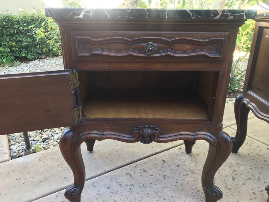 JUST ADDED - STUNNING Pair Of Antique 19th Century Piedmont Baroque Style Nightstands With Distinctive Carved Piedmont Designs And Black Marble Tops (Note One Marble Top Has Several Chips As Shown In Photos) [Photo 24]