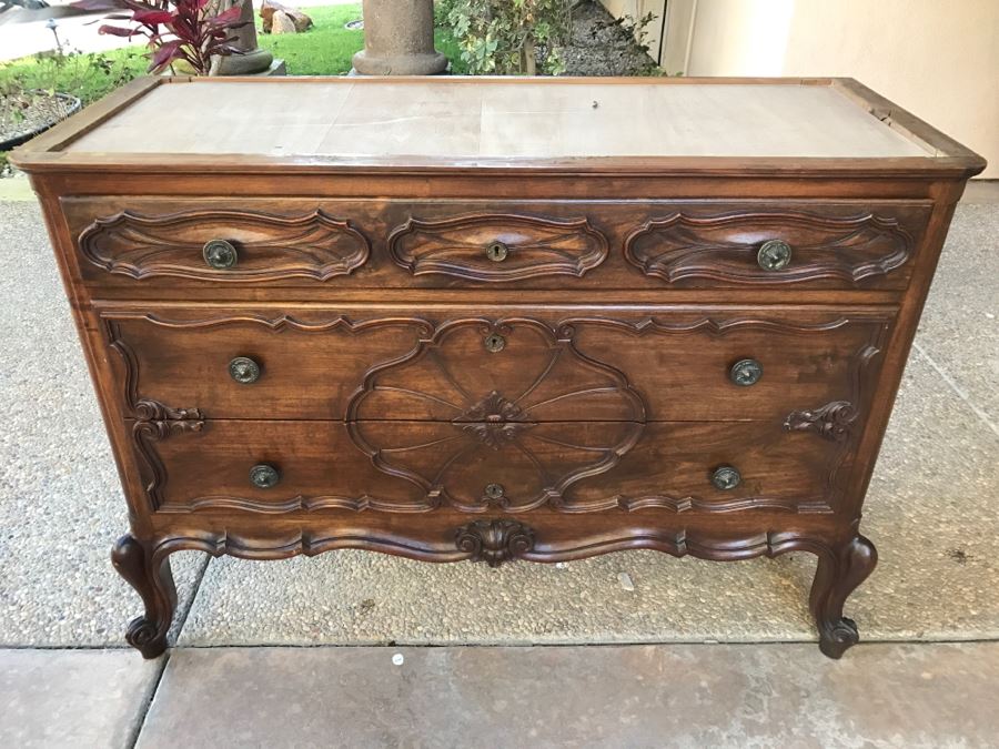 JUST ADDED - STUNNING Antique 19th Century Piedmont Baroque Style Dresser Chest Of Drawers With Distinctive Carved Piedmont Designs And Black Marble Top [Photo 25]