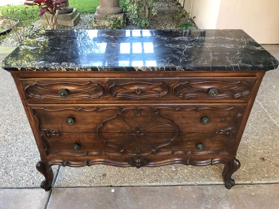 JUST ADDED - STUNNING Antique 19th Century Piedmont Baroque Style Dresser Chest Of Drawers With Distinctive Carved Piedmont Designs And Black Marble Top [Photo 23]