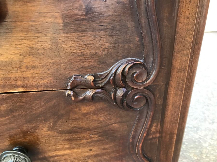 JUST ADDED - STUNNING Antique 19th Century Piedmont Baroque Style Dresser Chest Of Drawers With Distinctive Carved Piedmont Designs And Black Marble Top [Photo 14]