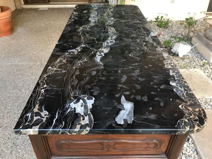 JUST ADDED - STUNNING Antique 19th Century Piedmont Baroque Style Dresser Chest Of Drawers With Distinctive Carved Piedmont Designs And Black Marble Top [Photo 8]