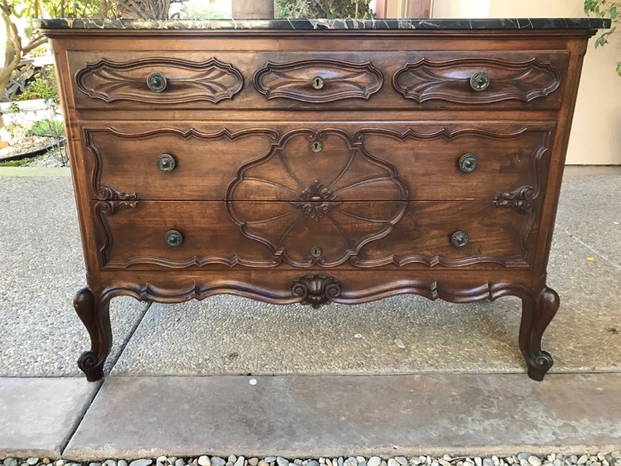 JUST ADDED - STUNNING Antique 19th Century Piedmont Baroque Style Dresser Chest Of Drawers With Distinctive Carved Piedmont Designs And Black Marble Top
