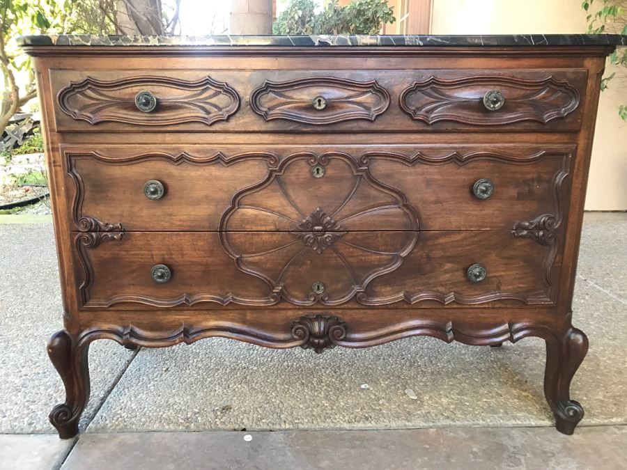 JUST ADDED - STUNNING Antique 19th Century Piedmont Baroque Style Dresser Chest Of Drawers With Distinctive Carved Piedmont Designs And Black Marble Top [Photo 21]