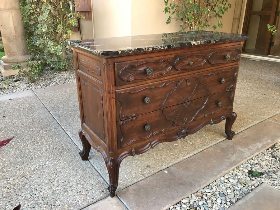 JUST ADDED - STUNNING Antique 19th Century Piedmont Baroque Style Dresser Chest Of Drawers With Distinctive Carved Piedmont Designs And Black Marble Top [Photo 24]