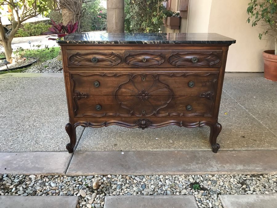 JUST ADDED - STUNNING Antique 19th Century Piedmont Baroque Style Dresser Chest Of Drawers With Distinctive Carved Piedmont Designs And Black Marble Top [Photo 22]