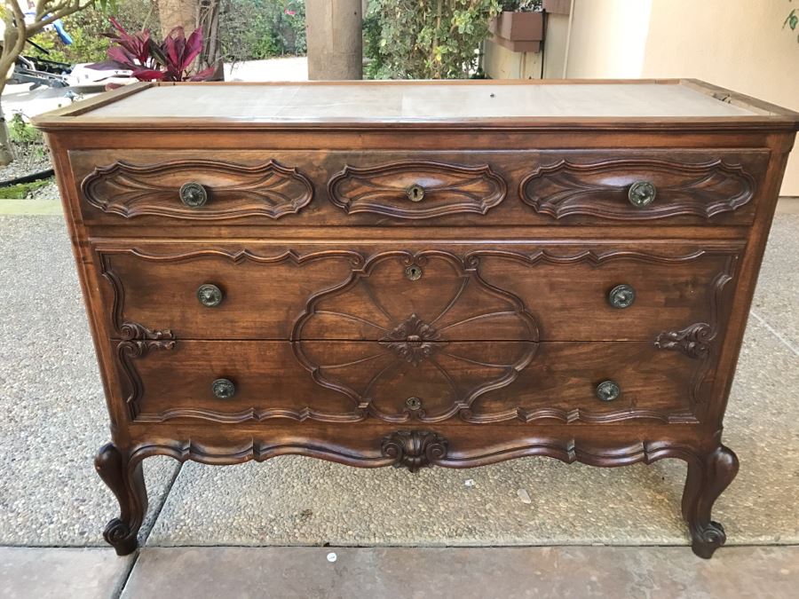 JUST ADDED - STUNNING Antique 19th Century Piedmont Baroque Style Dresser Chest Of Drawers With Distinctive Carved Piedmont Designs And Black Marble Top [Photo 26]