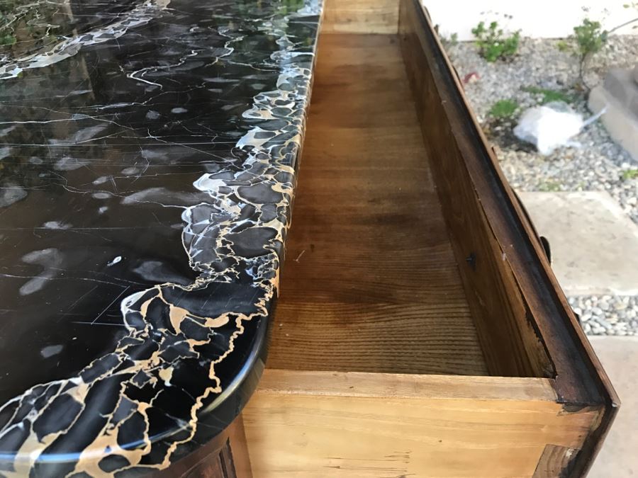 JUST ADDED - STUNNING Antique 19th Century Piedmont Baroque Style Dresser Chest Of Drawers With Distinctive Carved Piedmont Designs And Black Marble Top [Photo 18]