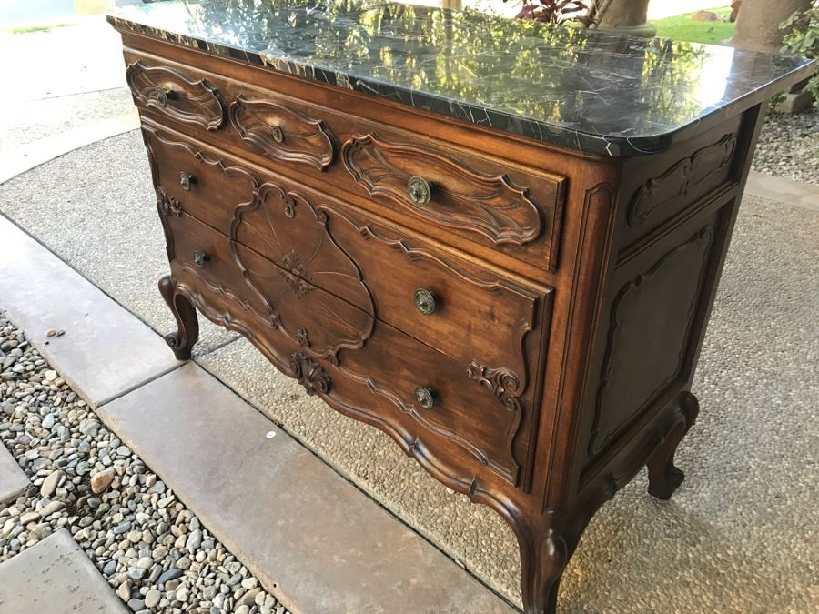 JUST ADDED - STUNNING Antique 19th Century Piedmont Baroque Style Dresser Chest Of Drawers With Distinctive Carved Piedmont Designs And Black Marble Top [Photo 4]